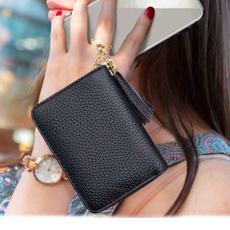 Coco Rossi Leather Credit Card Wallet for Women, RFID Blocking Zipper Cards Holder with Tassels-Black - Image 3